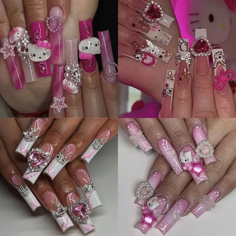 

Diy Sanrios Hello Kitty My Melody Kuromi Anime Y2k Europe and America Handmade Press on Nails Long Nails Design Manicure Tips