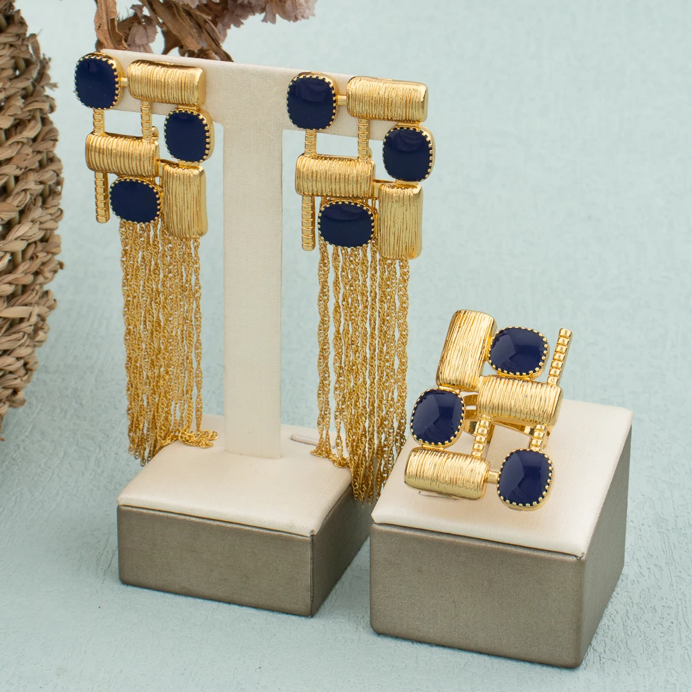 Italian 18k Gold Plated Earrings and Ring Set Red Zircon Luxury Dubai Rectangle Jewelry Set for Women Weekend Party Wedding Gift