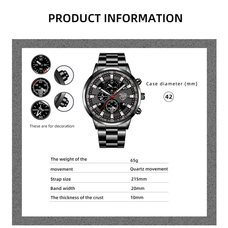 Sports Watch Mens Stainless Steel Quartz Calendar Luminous