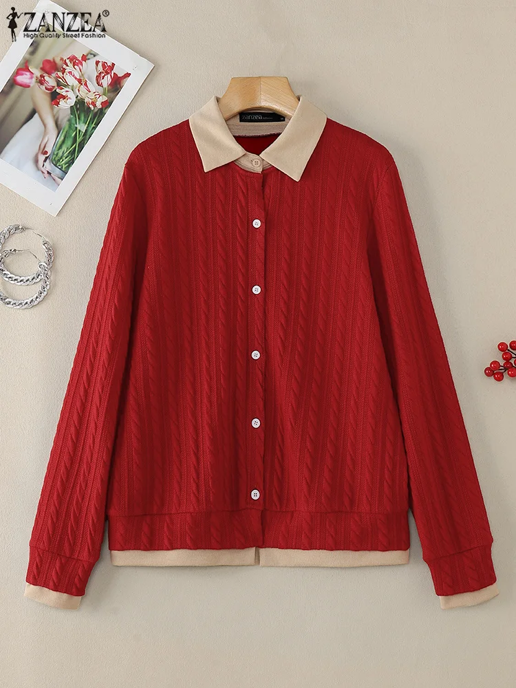 ZANZEA Casual Spring Autumn Sweater Elegant Fake Two-Piece Women Turn-down Collar Knitted Tops Long Sleeve Color Block Cardigans 4