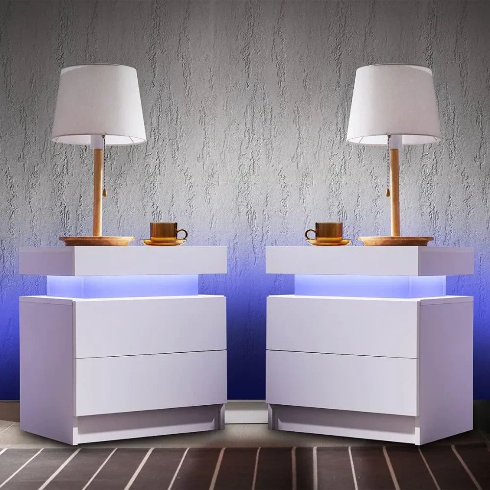 

Side Bed Table With LED Light Bedside Tables for the Bedroom Furniture Generic Nightstand Set of 2 LED Nightstand With 2 Drawers