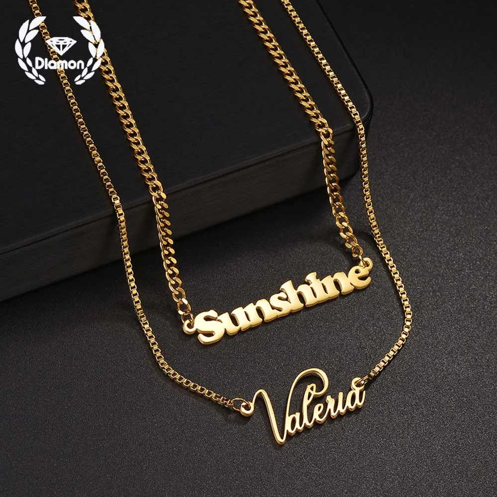 

Diamon Custom Name Necklace Personalized Stainless Steel Letter Double Layers Chain Pendant Nameplate for Women Jewelry Gift