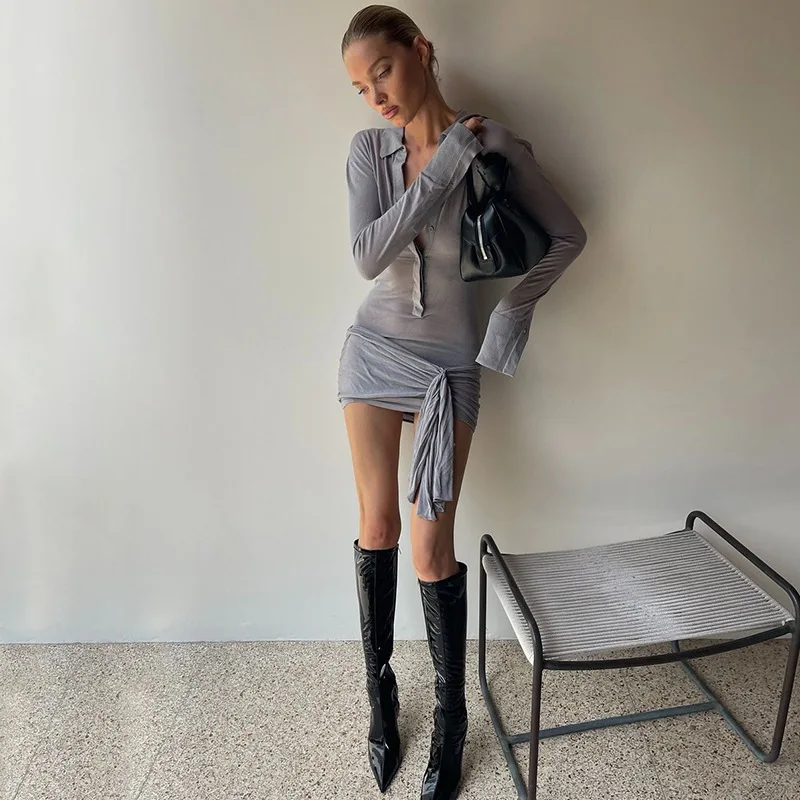 Fashion Sexy See-Through MIni Dress For Women Lapel Pleated See-Through Bandage High Waist Dress Female Solid Mini Dress