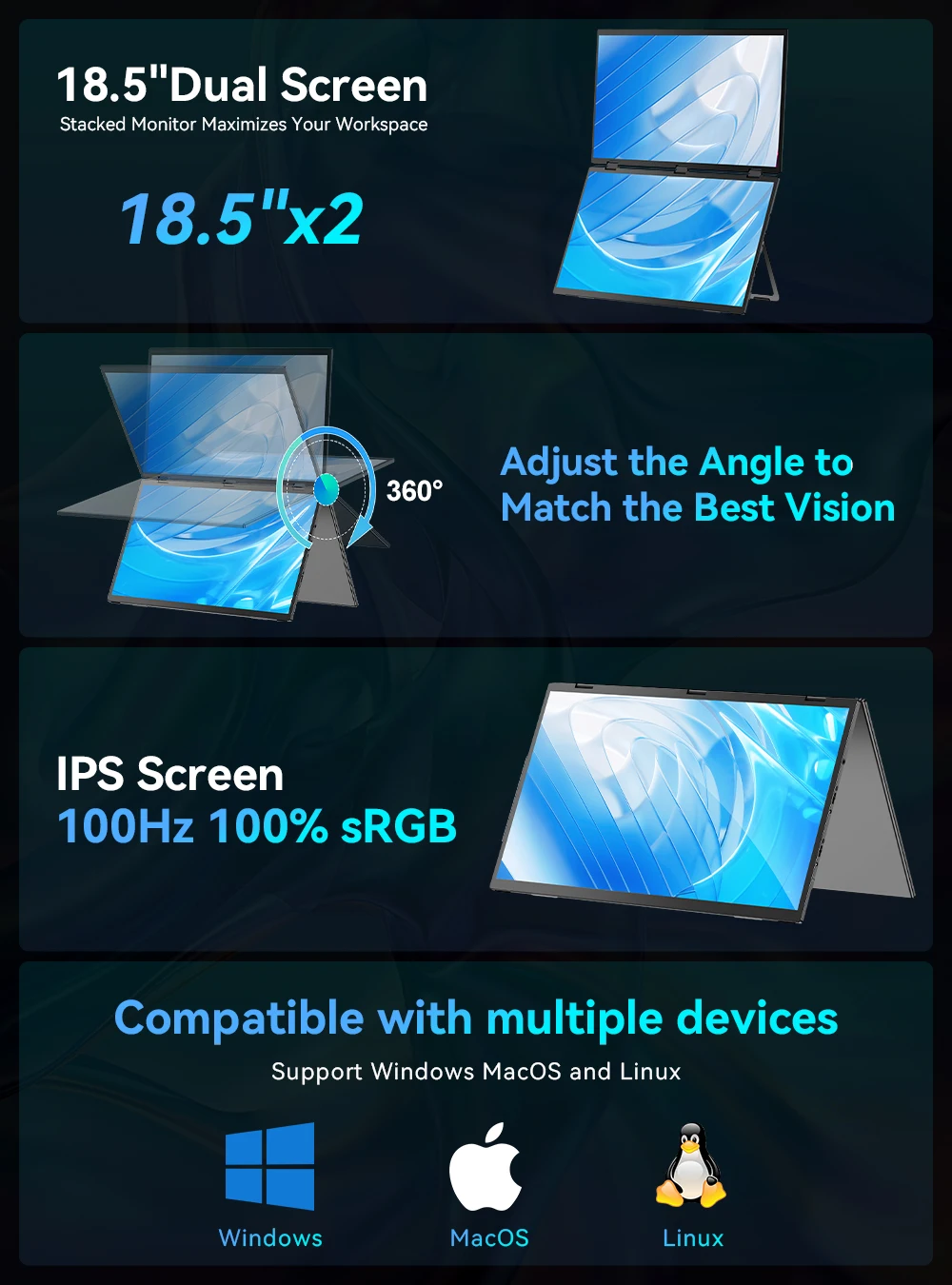 UPERFECT Delta 18.5 100Hz 터치스크린 듀얼 트리플 휴대용 모니터 1080P USB-C HDMI HDR 접이식 디스플레이 노트북 PC 전화 게임 콘솔용