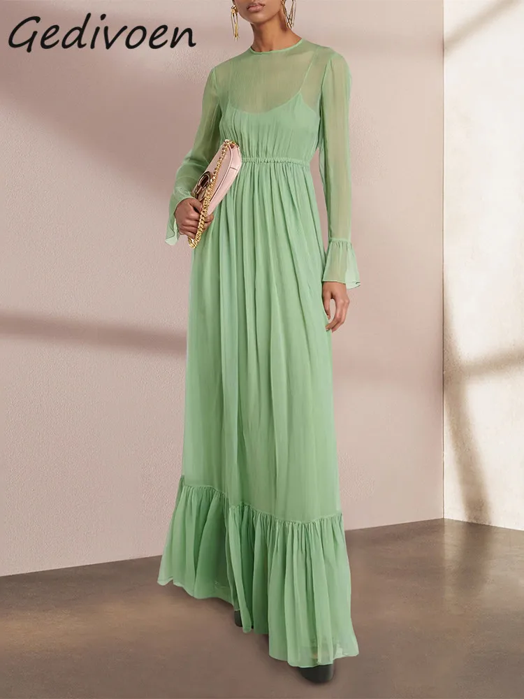 

Gedivoen Summer Fashion Designer Vintage Sling Lining Dress Women's O-Neck Elastic Waist Ruffles Vacation Light Green Long Dress