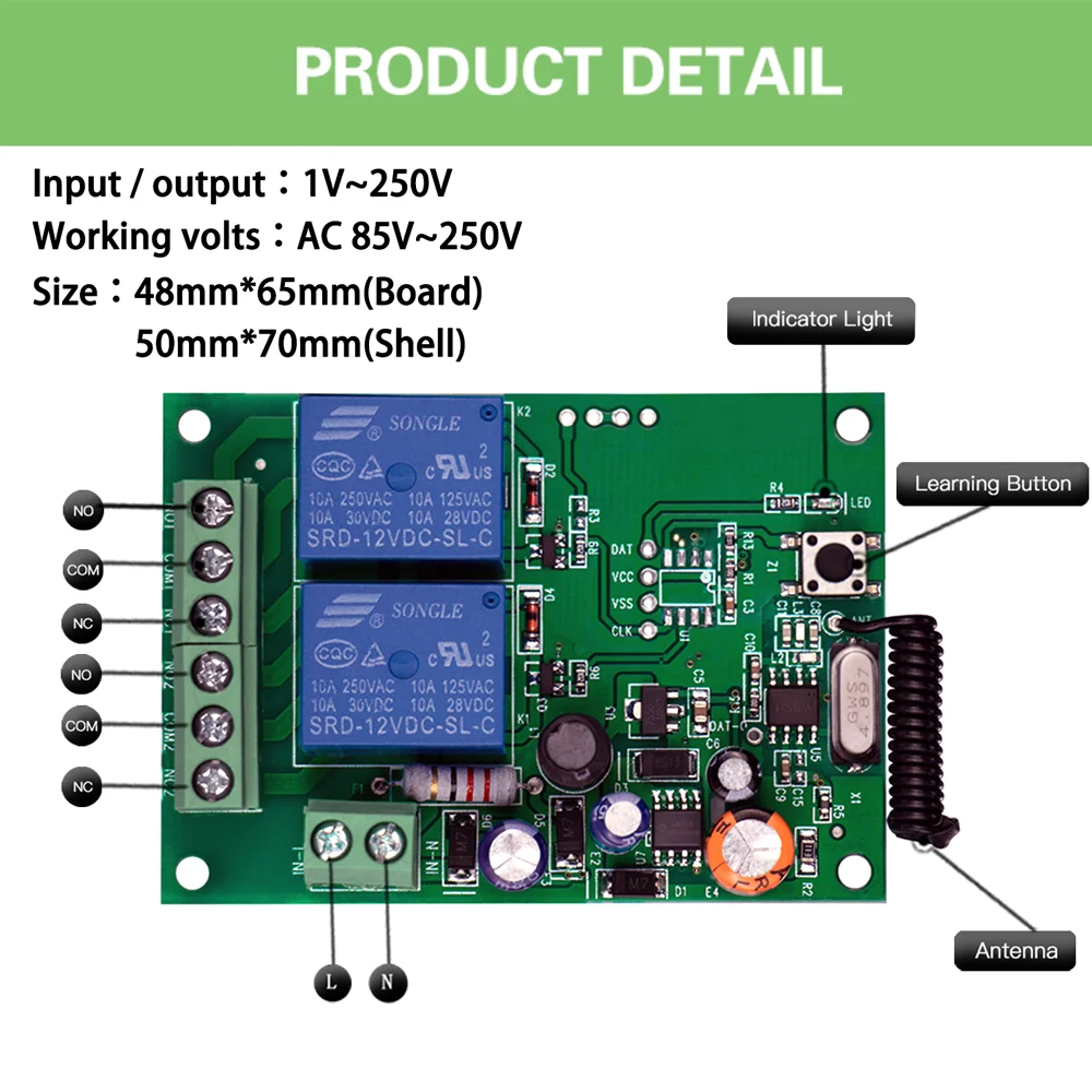 433 Mhz Wireless Remote Control AC220V 2CH Universal Rf Relay Receiver and Transmitter For Garage door and Gate Motor Control
