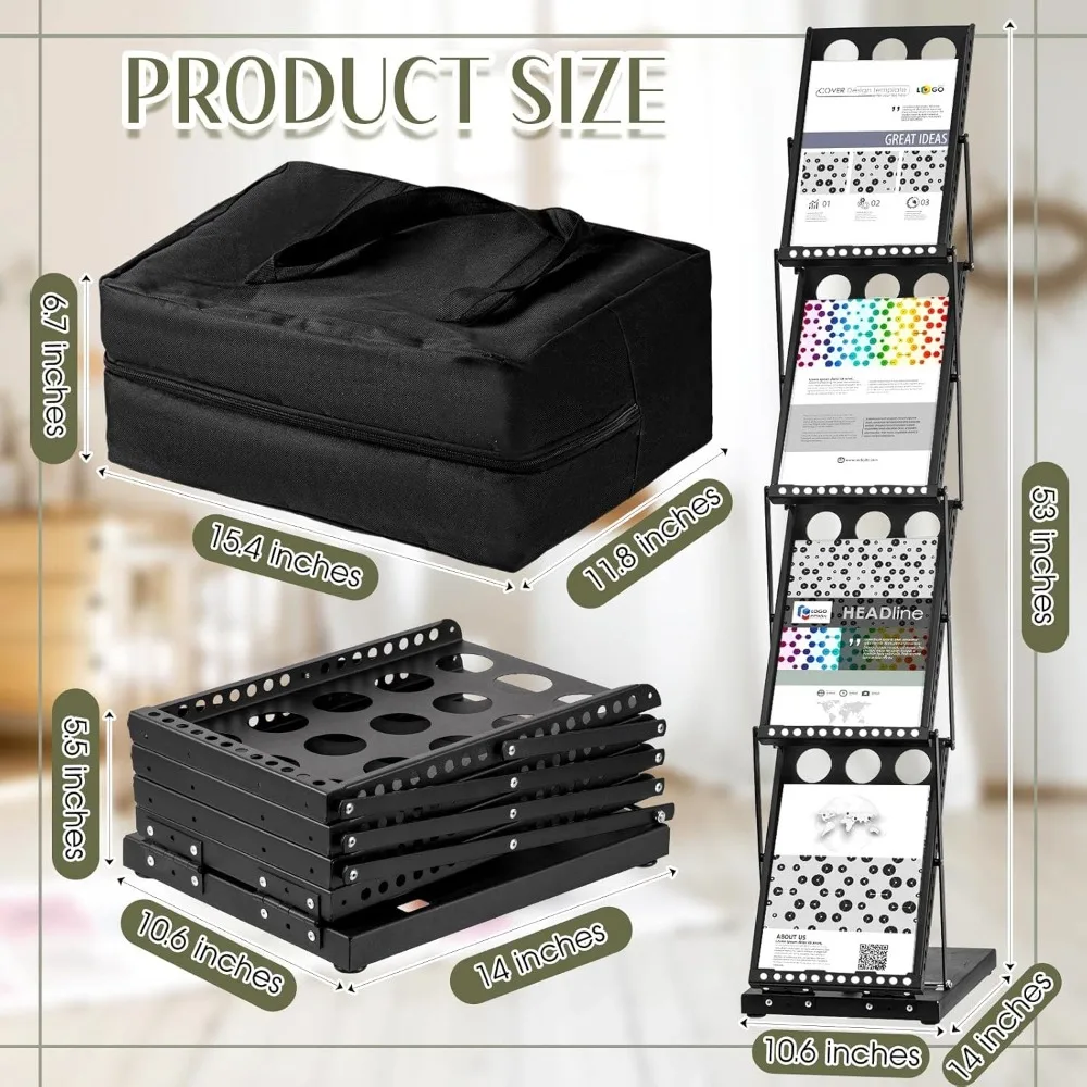 1 Piece Foldable Magazine Rack Metal Catalog Literature Racks,Portable 4 Pockets with Carrying Bag Brochure Stand 2