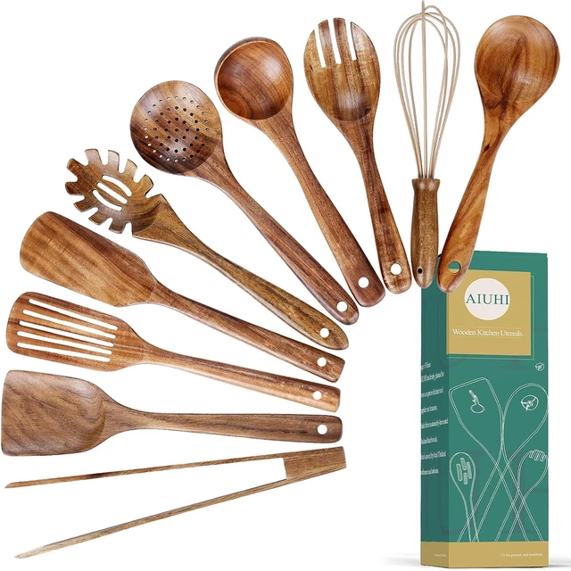 Wooden Spoons for Cooking, 10 Pcs Teak Wood Cooking Utensil Set