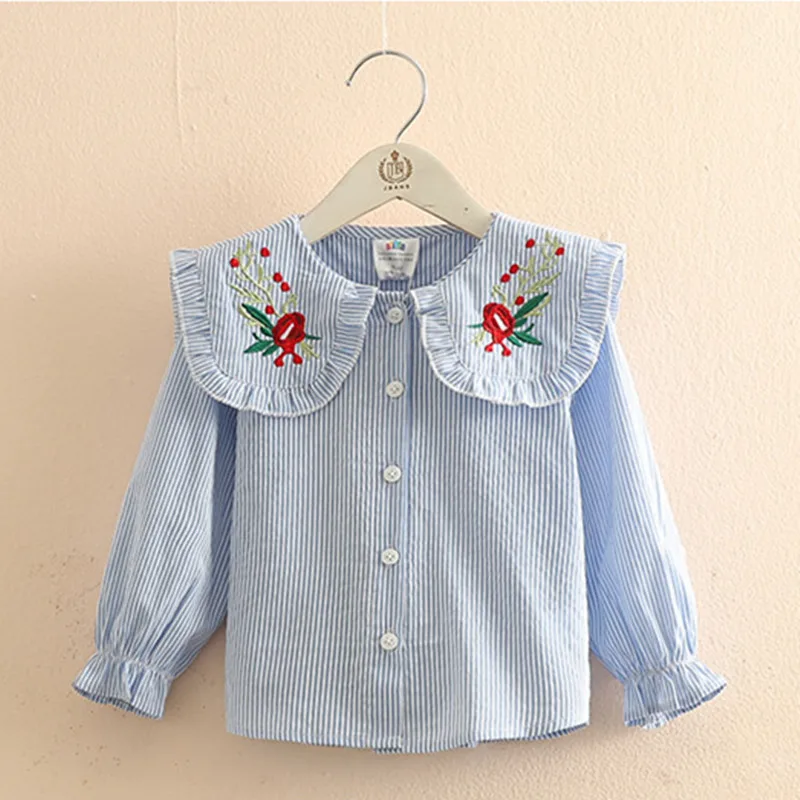 New Spring Autumn 2 3 4 6 8 10 Years Cotton White Blue Striped Embroidery Flower Flare Sleeve Kids Baby Girls Blouse Shirt