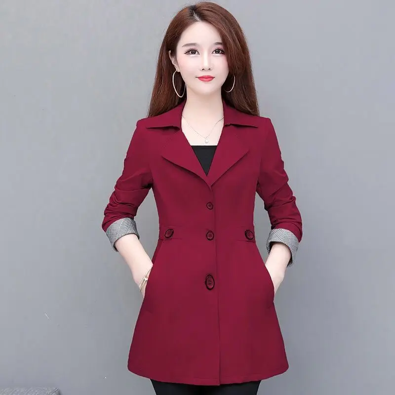 Women Spring and Autumn Fashion New Suit Collar Trench Solid Color Cultivation Button Pockets Splicing Versatile Mid-length Coat women s elastic waist drawstring pockets wide leg autumn winter solid color high waist straight loose casual floor length pants