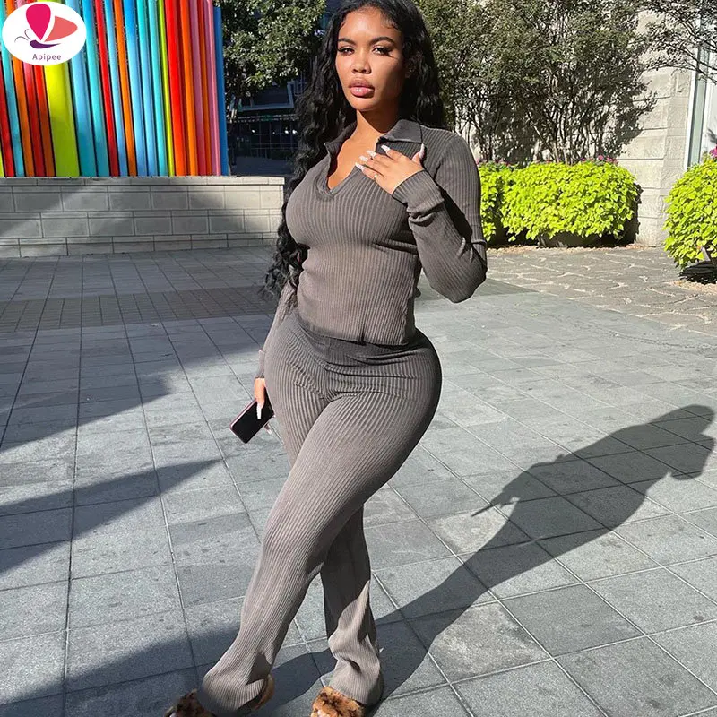 

Однотонные вязаные ребристые комплекты из двух предметов, женская зимняя одежда, теплый Топ с длинным рукавом и широкие брюки, подходящие комплекты, наряды, одежда для отдыха