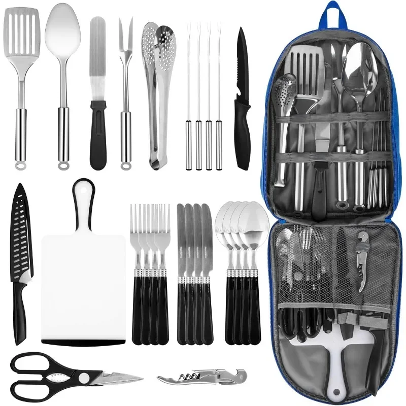 

Portable Camping Kitchen Utensil Set, Stainless Steel Outdoor Cooking and Grilling Utensil Organizer Travel Set Perfect