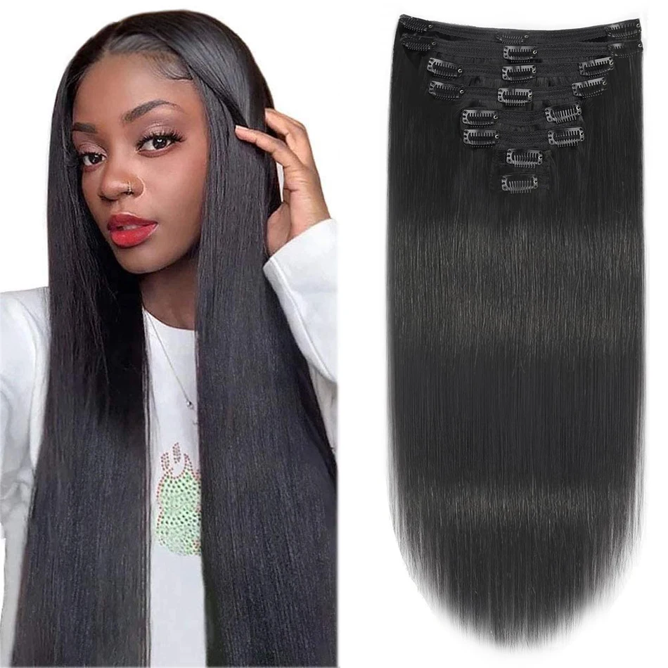 

Straight Clip in Extensions Natural Human Hair 100% Unprocessed Full Head Brazilian Virgin Hair Natural Black Color 1B for Women