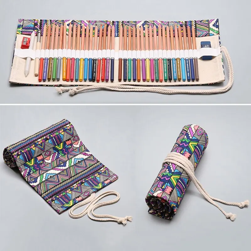 48 Holes Canvas Roll Up Pencil Case School Students Supplies Brush Pen Bag  Cute Pencil Cases Stationery - AliExpress