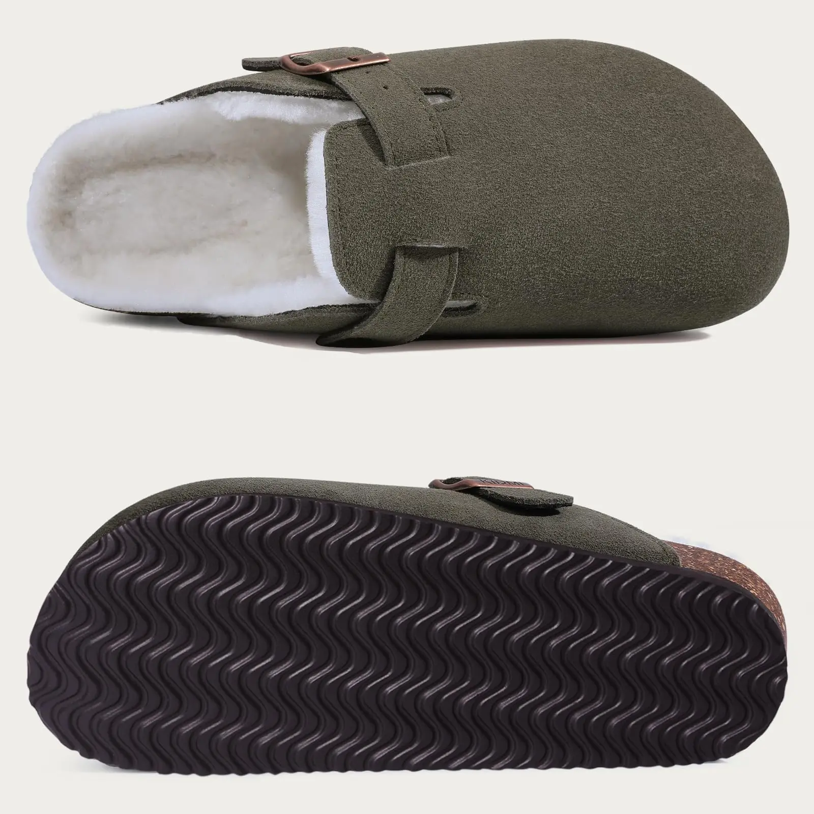 Comwarm Women's Fur Clogs Fuzzy Cork Footbed Mules Men Fashion Suede Flats Slides Comfort  Winter Suede Plush Clogs Slippers 3