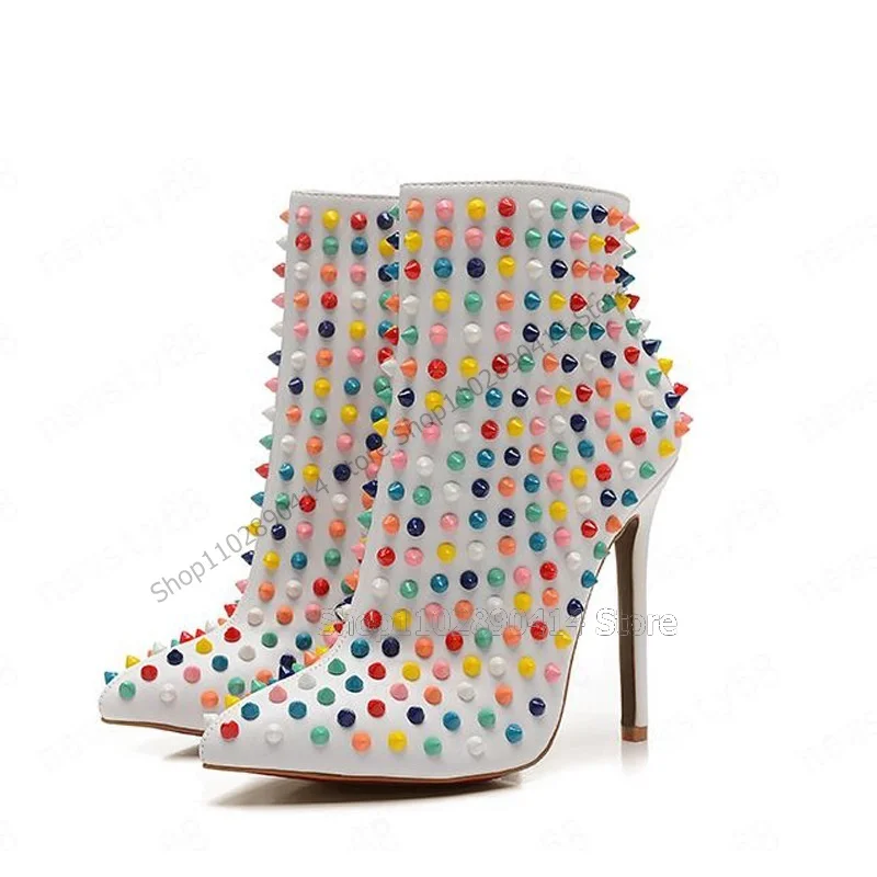 

Colorful Rivets Decor White Pointed Toe Ankle Boots Side Zipper Women Shoes Thin High Heels Novel Party 2023 Zapatos Para Mujere