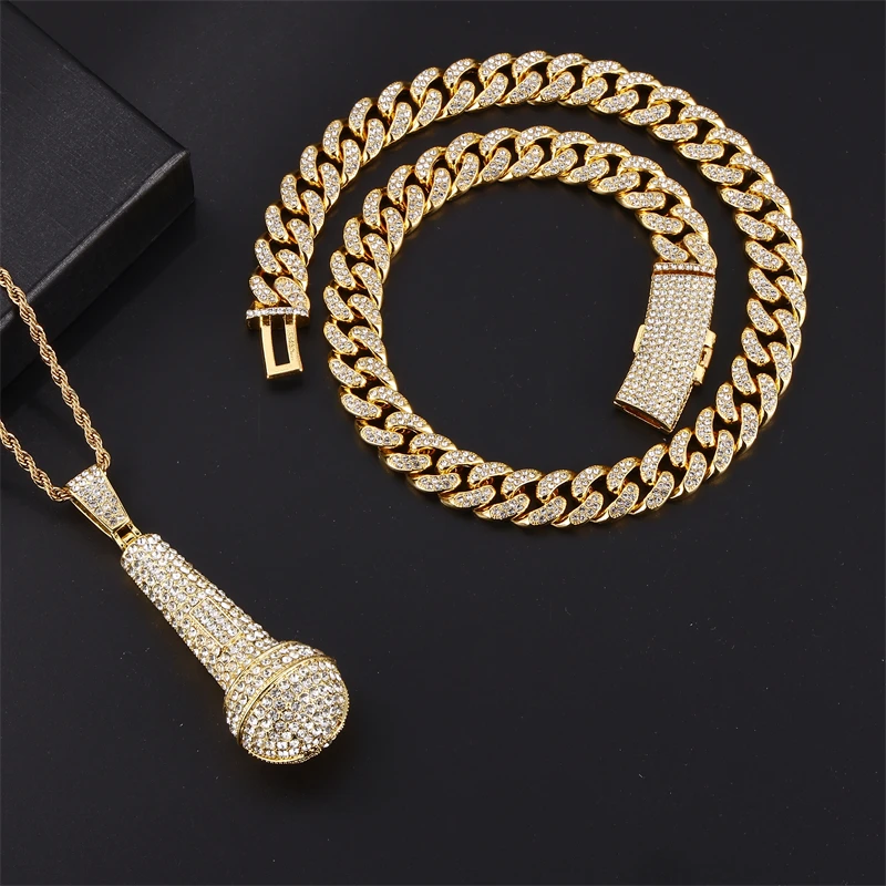 

D&Z Microphone Shape Pendant 3Pieces 13mm Rhinestones Miami Cuban Chain HipHop Iced Out Bling Necklaces Fashion Jewelry For Man