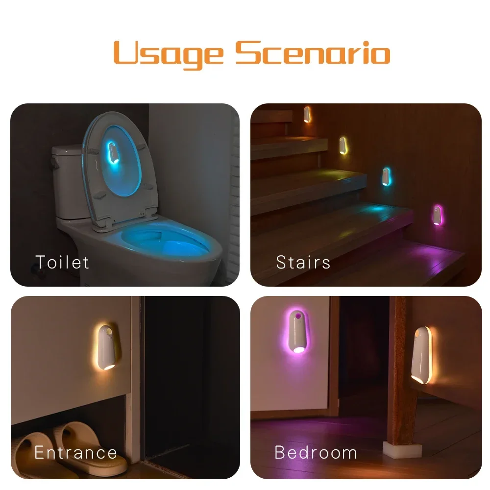 Multicolor Motion-Sensing LED Night Light with USB-C Charging and Light Sensor