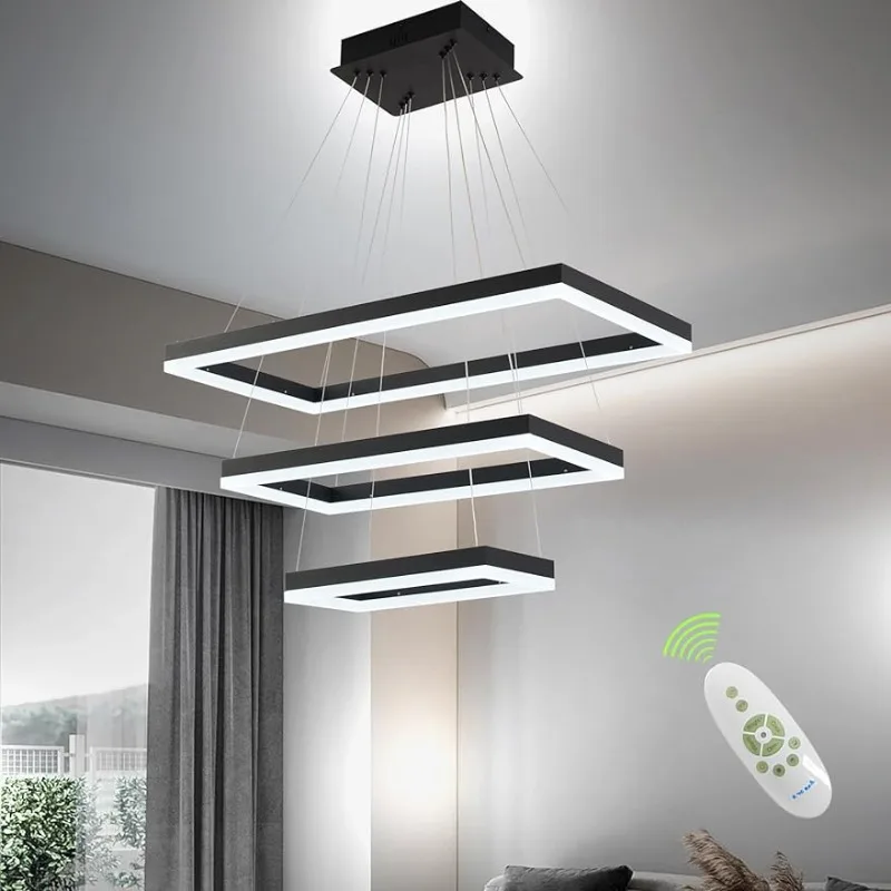 

Led Chandelier, 3 Ring LED Rectangle Chandelier for Dining Room,Upgrade Acrylic Black Modern Height room decor