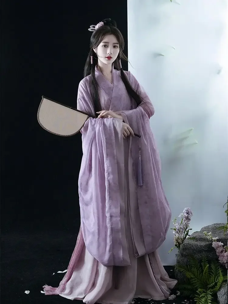 

Китайский набор Hanfu Оригинальное женское платье с принтом Восточного Вэй Цзинь ханьфу необычное платье фиолетовое Старинное платье ханьфу