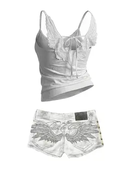 Y2K Hot Girl Angel Wings Embroidered Vest Denim Shorts Suit Retro Sexy Super Shorts Subculture Punk Rivet Design Low Waist Pants 1