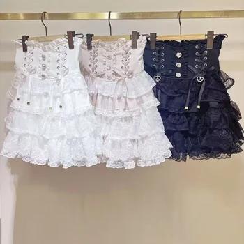 Japanese Sweet Lolita Style Mini Skirt Women Retro Elegant Lace Bandage Party Cake Skirts Female Gothic Y2k Metal Buckle Skirts 1