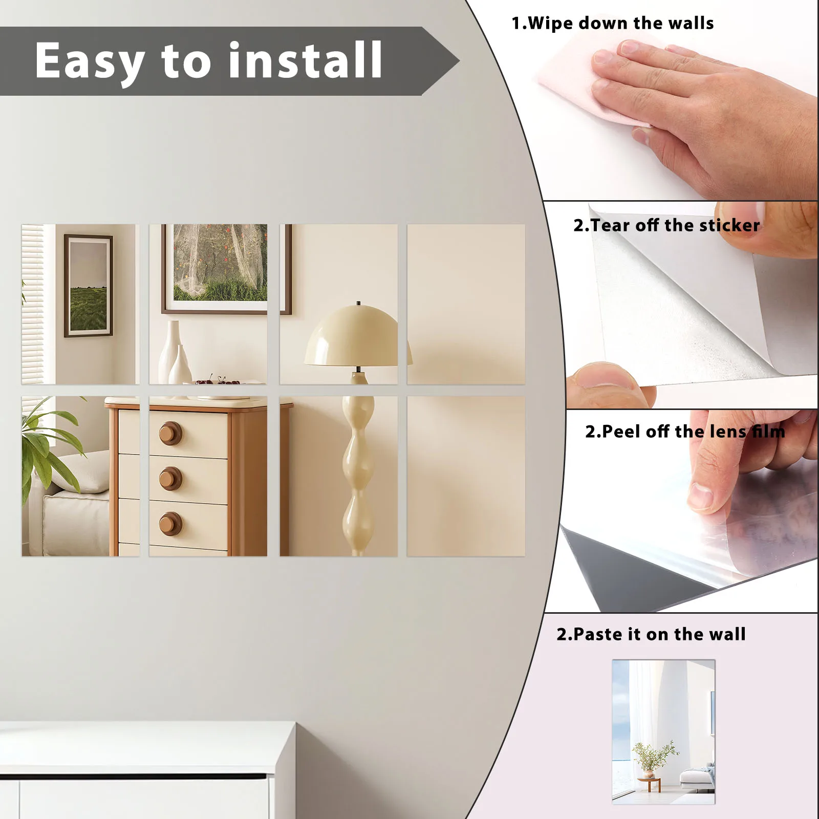 16Pcs Rectangle Mirror Wall Sticker Self-adhesive Acrylic Tiles Mosaic Decal Mural Covering For Bedroom Household DIY Decoration