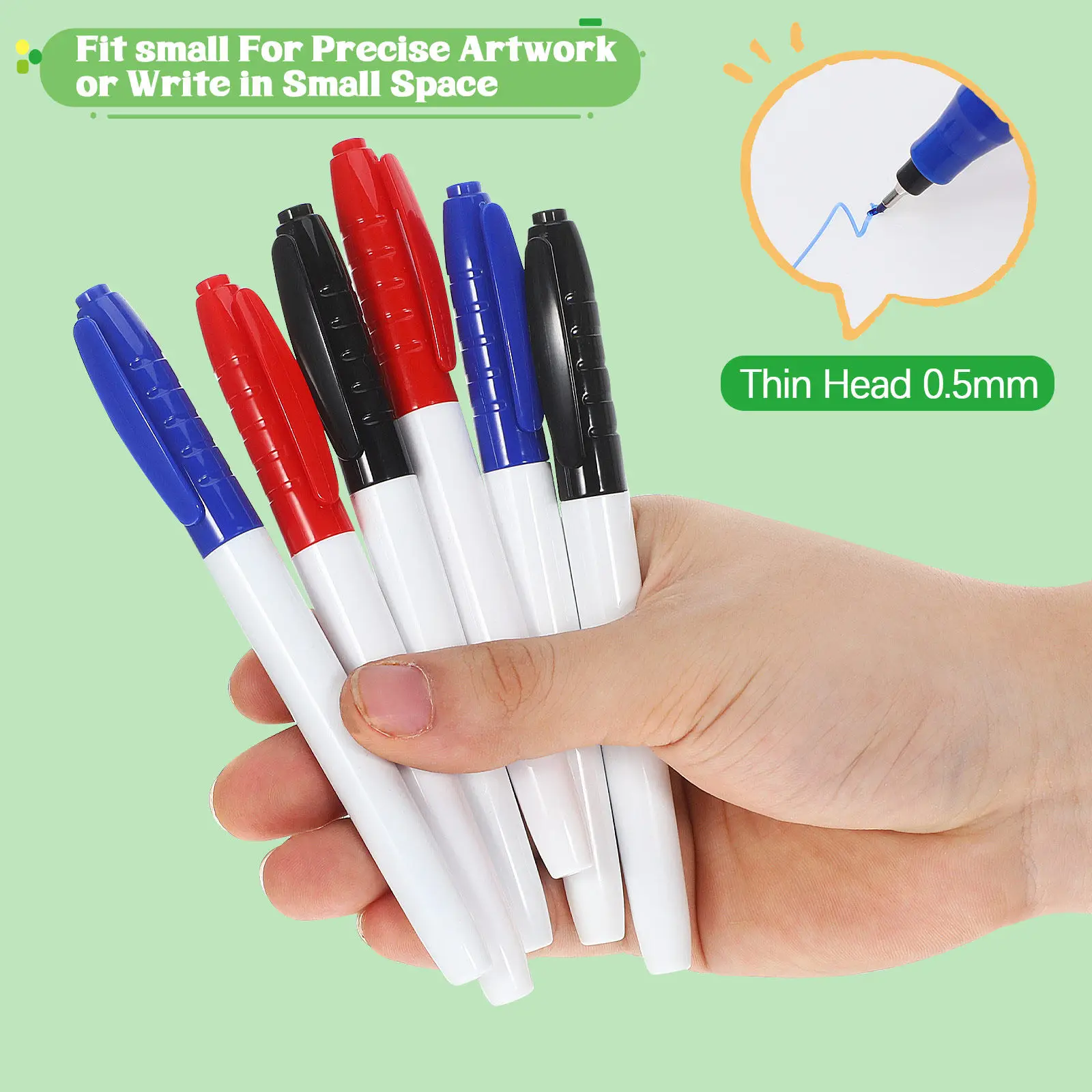 6Pcs 화이트보드 펜 재사용 가능한 건식 지우기 마커 미세 팁 경량 휴대용 다기능 학교 사무실용 필기구