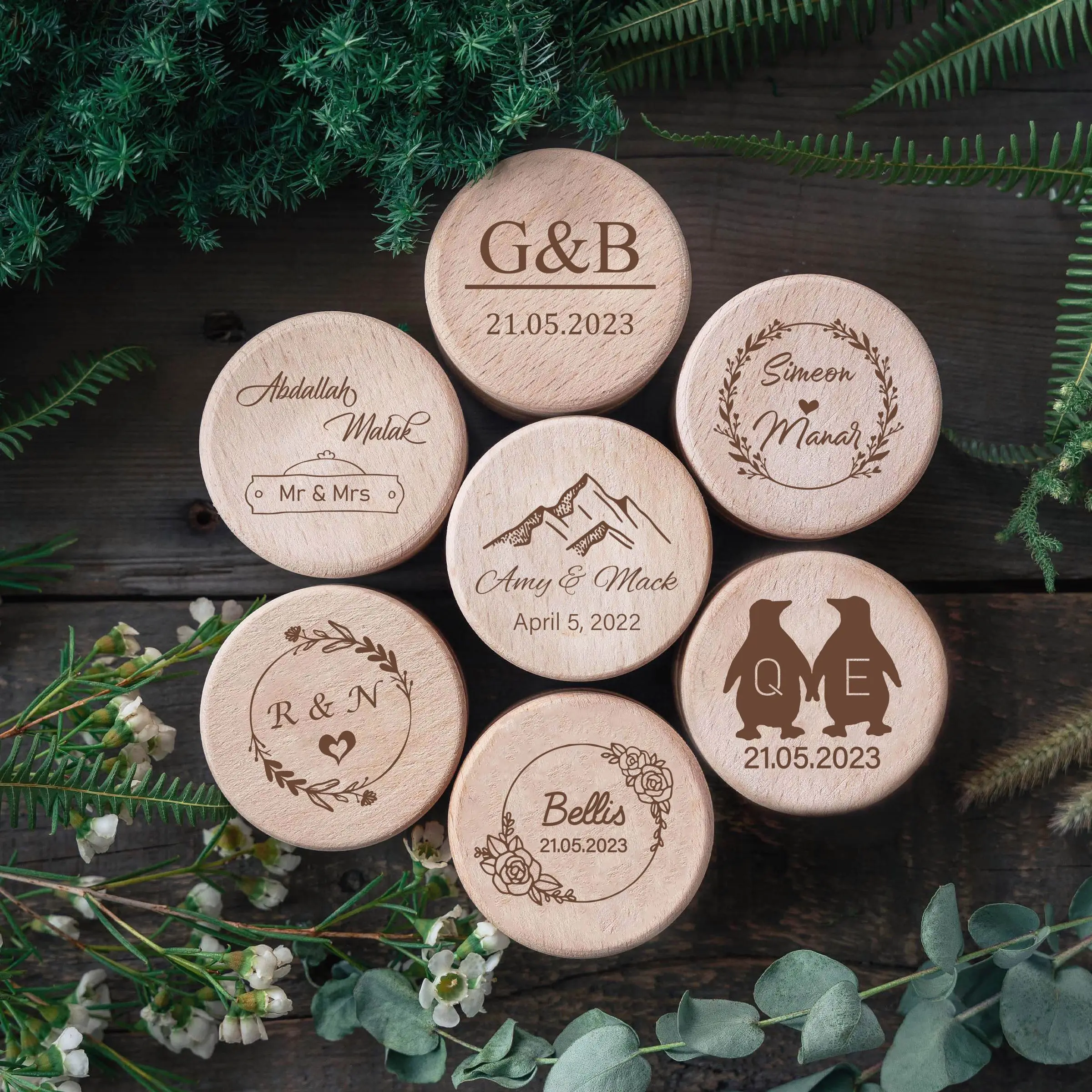 

Personalised Wooden Ring Box, Engagement Ring Bearer Boxes, Custom Your Names and Date, Anniversary Gift for Her