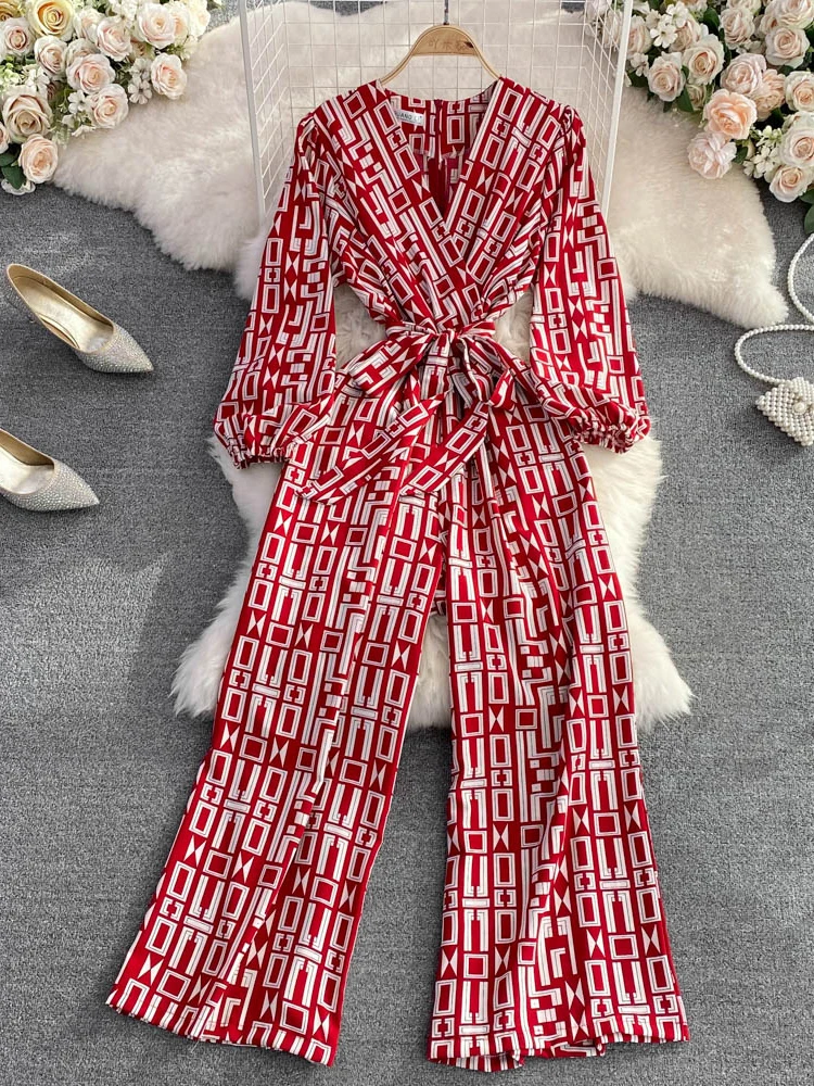

Women Autumn Jumpsuits V-neck Long-sleeved Jumpsuit with High Waist and Thin Plaid Straight Tube Wide Leg Pants Jumpsuit D2984