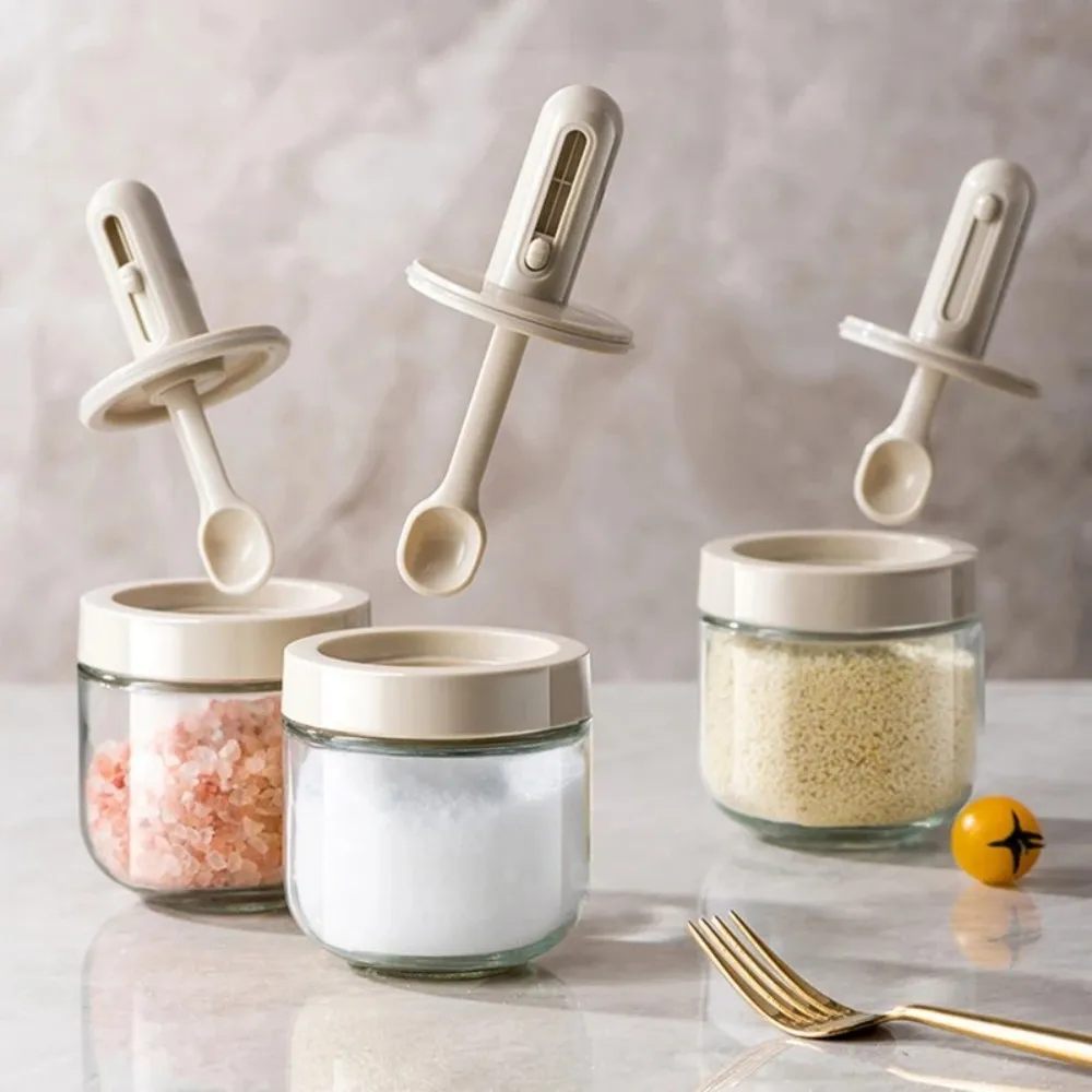 Glass Seasoning Bottle with Telescopic Spoon Leak Proof Salt Storage Box Moisture-Proof 1/3 Pcs Set