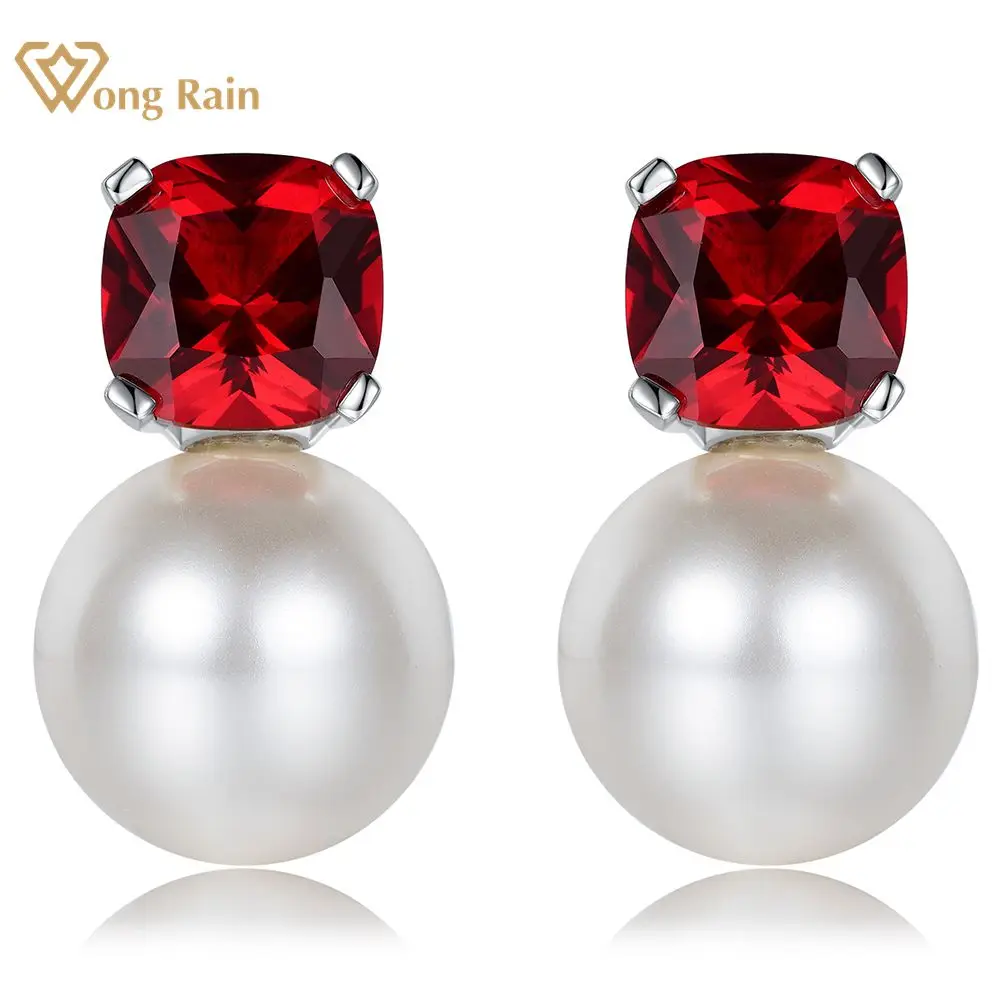 

Wong Rain 100% 925 Sterling Silver 12MM Lab Pearl Ruby Gemstone Ear Studs Earrings for Women Wedding Party Jewelry Free Shipping