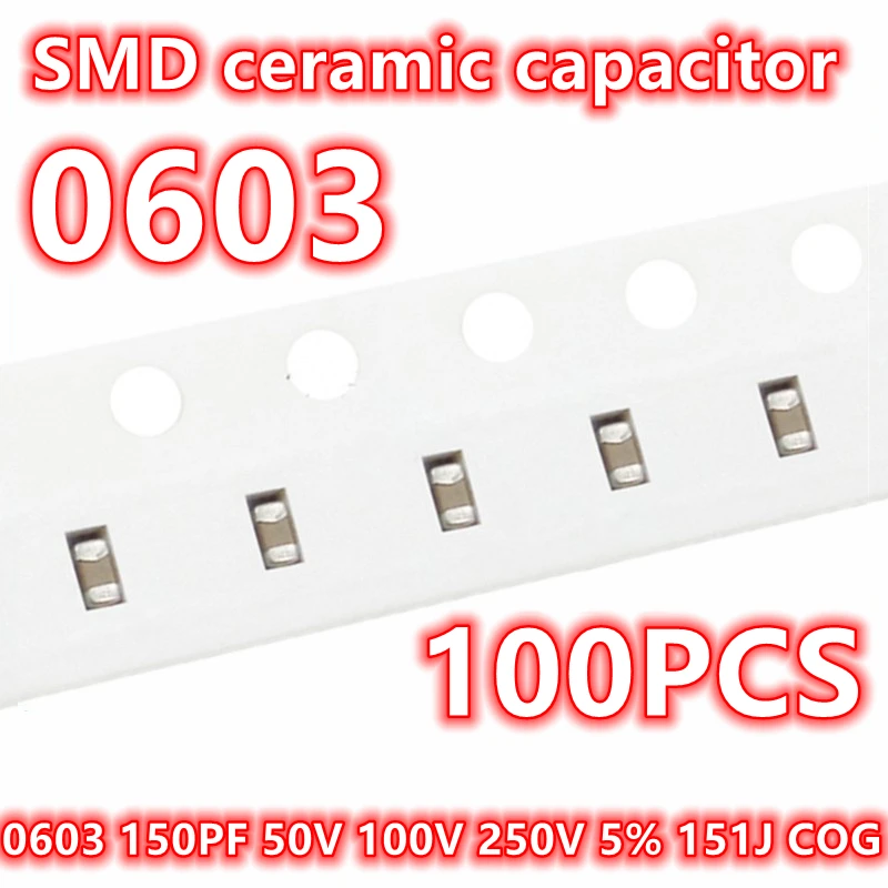 

(100 шт.) оригинальный 0603 150PF 50 в 100 в 250 в 5% 151J COG SMD керамический конденсатор IC 1608