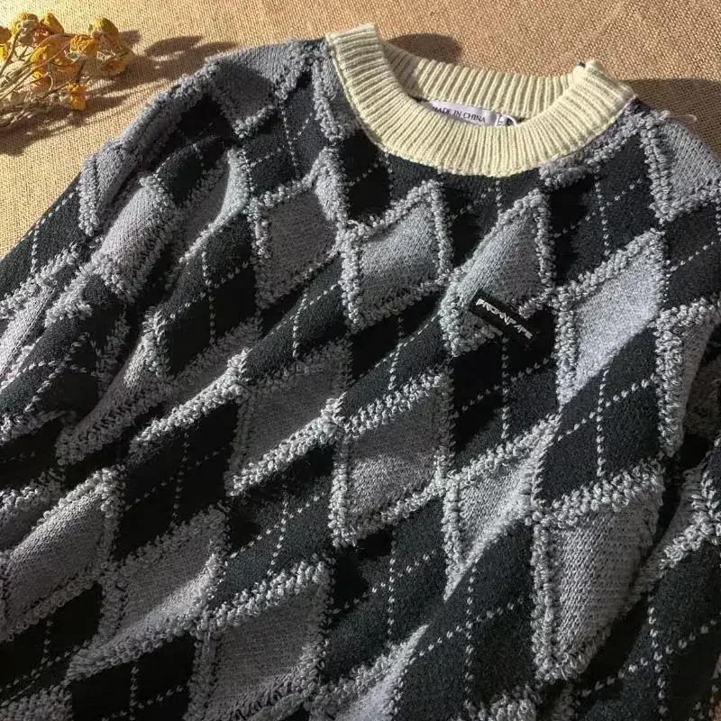 thumbnail image 1 of Suéter de punto para hombre, jerseys masculinos empalmados, ropa para hombre, icono a cuadros, rombos, estilo coreano, cálido, tendencia 2024, holgado, grueso, invierno, algodón X, 1 of 5