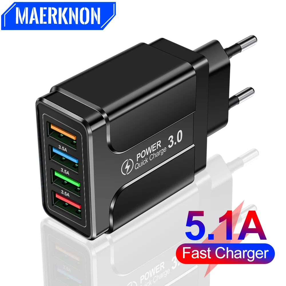 

5.1A USB Charger 4 Ports QC 3.0 Fast Charging Mobile Phone Charger Adapter For iPhone 13 14 15 Pro Max Xiaomi 13 Samsung Huawei