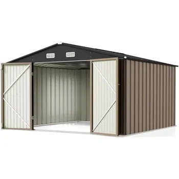 10x10 pi. Abri de rangement extérieur avec porte et serrure pour rangement sur patio, marron 1