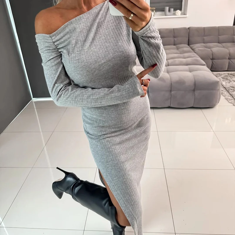 

Casual Pit Stripe Solid Maxi Dresses Women Slash Neck Long Sleeved Commuter Dress New Spring Autumn Elegant Split Evening Dress