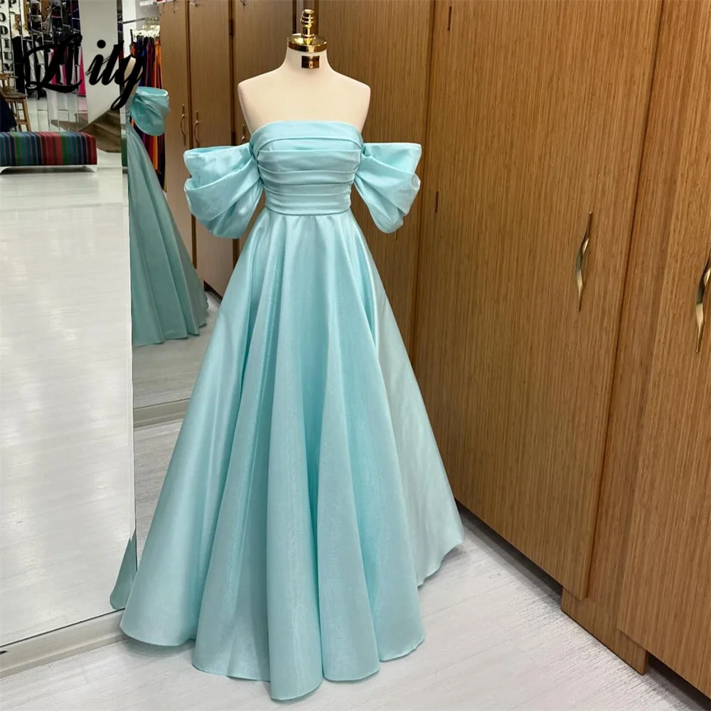 

Lily Sky Blue Prom Dress Off the Shoulder Stain Celebrity Dresses Women's Evening Dress A Line Pleat Formal Gown Dresses 프롬 드레스