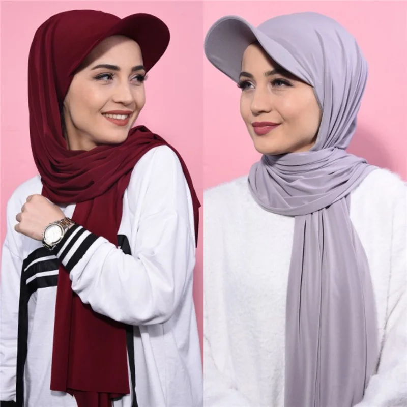 Musilm Women Chiffon Hijab With Base Ball Cap Summer Sports Cap with Chiffon HIjabs Ready To Wear EIDChiffon Sport HIjabs цена и фото