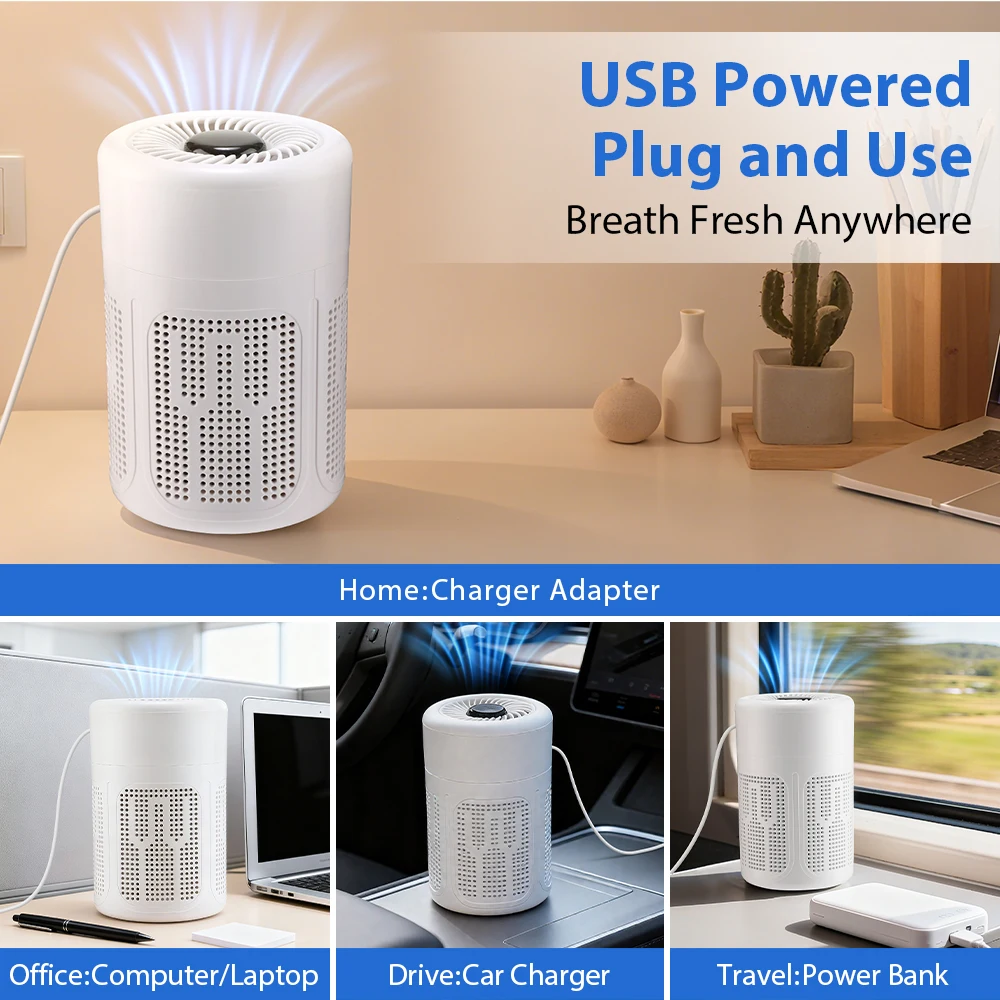 Portable White ABS Mini Air Purifier with HEPA Filter