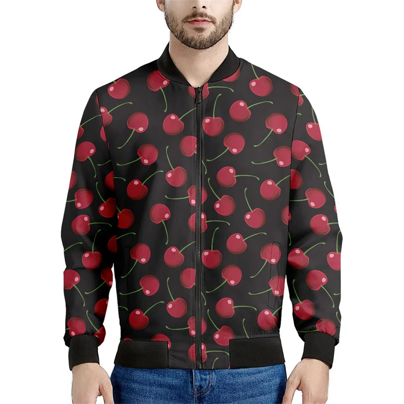 thumbnail image 1 of Chaquetas con cremallera y estampado de cerezas y frutas de dibujos animados para hombre, sudadera con estampado 3D a la moda, chaqueta bomber informal de calle, abrigo de manga larga, 1 of 4