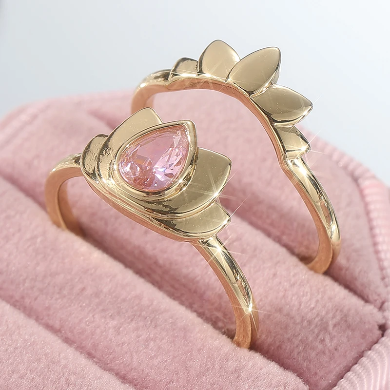 Elegant Gold-Toned Pink CZ Floral Ring Set for Women - Water Droplet Design, Perfect for Daily Wear and Parties