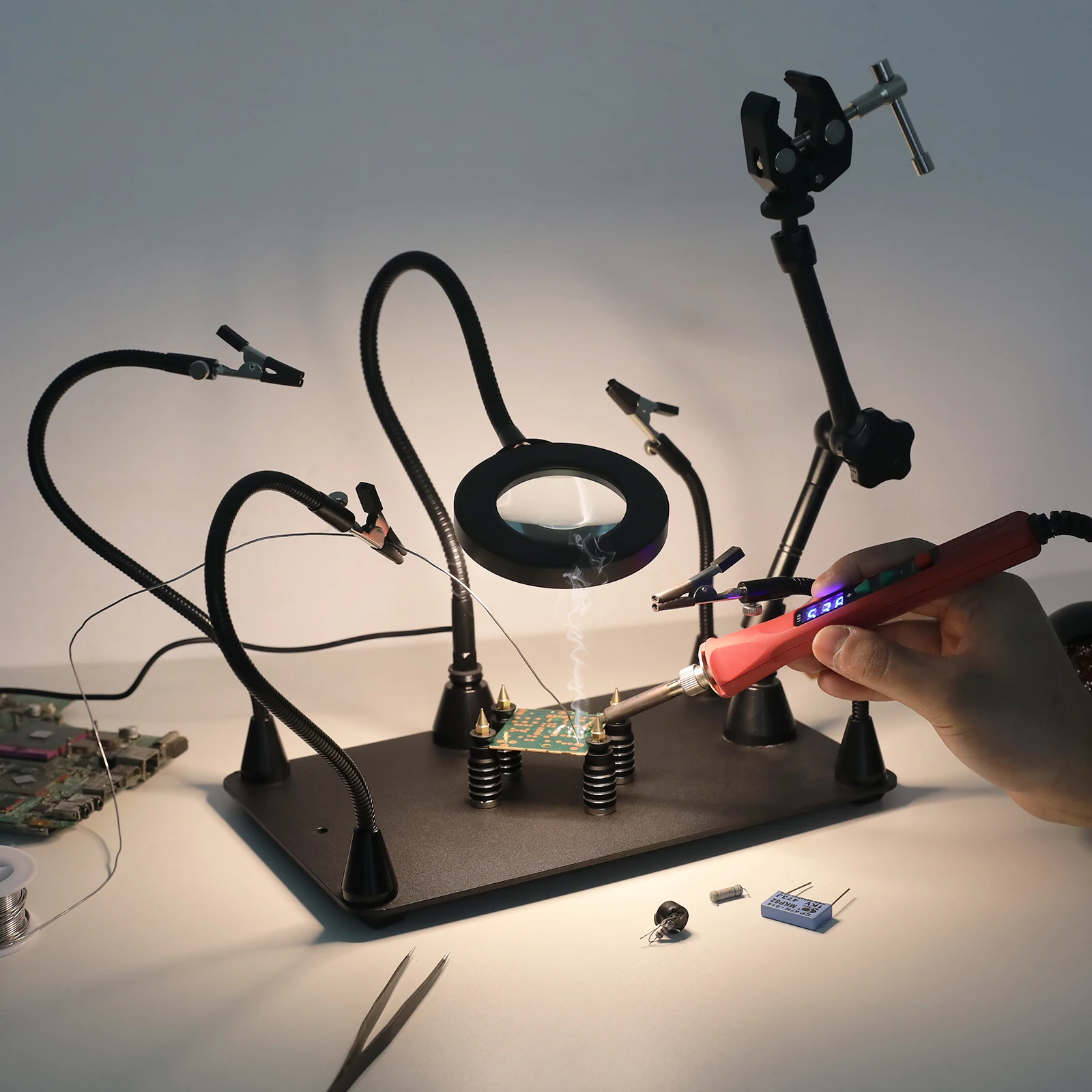 Magnetic Soldering Third Hand PCB Holder Heat Gun Stand with 3X LED Magnifying Glass Heavy Duty Welding Workstation soldering tool soldering helping hands circuit board fixture