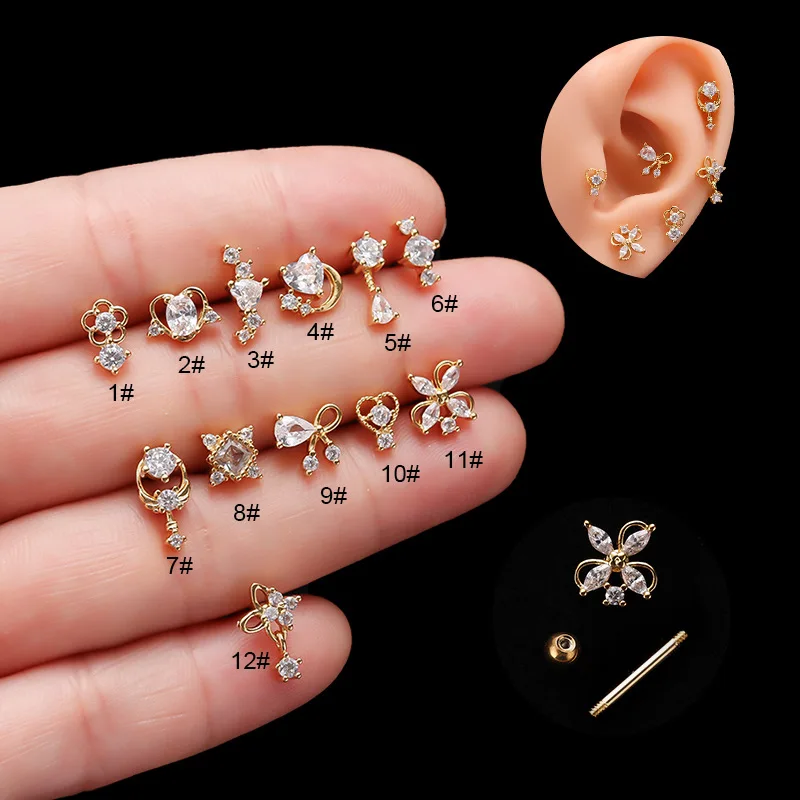 

1PC Hollow Bowknot Flower Stud Earrings Stainless Steel CZ Cartilage Dangle Earrings Helix Tragus Snug Earring Piercing Jewelry