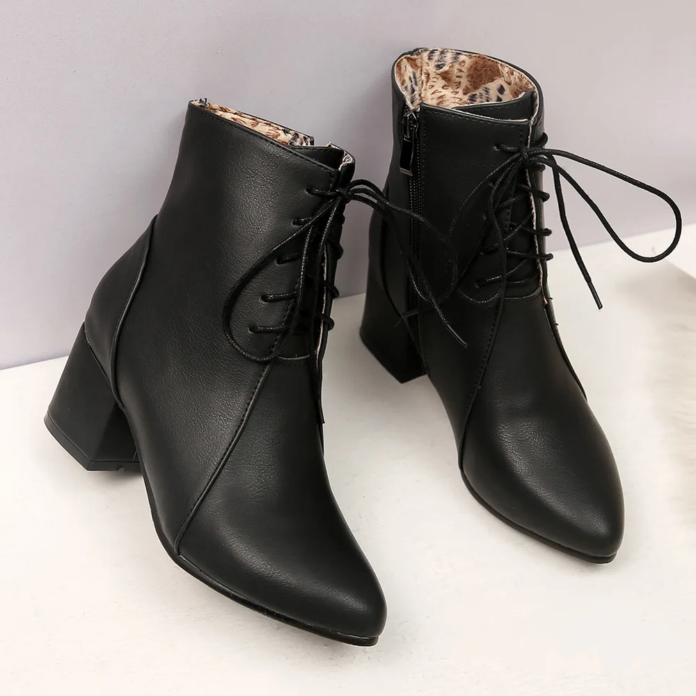 Fashion Women's Ankle Boots Autumn Winter Lace Up Pointed Toe Female Boots High Heel Shoes Woman Warm Plush Short Boots 34- 45
