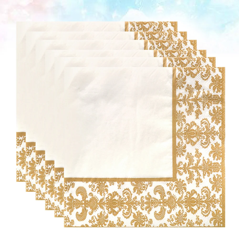 100pcs Gold Printing Disposable Napkin Tissue Paper Printed for Restaurant and Hotel (Golden + White)