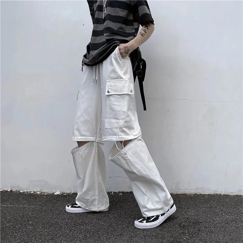 Hole Removable Cargo Pants Pocket Patchwork High Waist Korean Wide Leg Pants Vintage Casual Loose Woman Trousers dickies pants