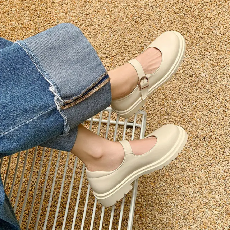 

QPLYXCO Beige Brown Black Lolita Girls Shoes Round Toe Platform Thick Sole Buckle Strap Womens Mary Janes Chic Woman Flats Shoe
