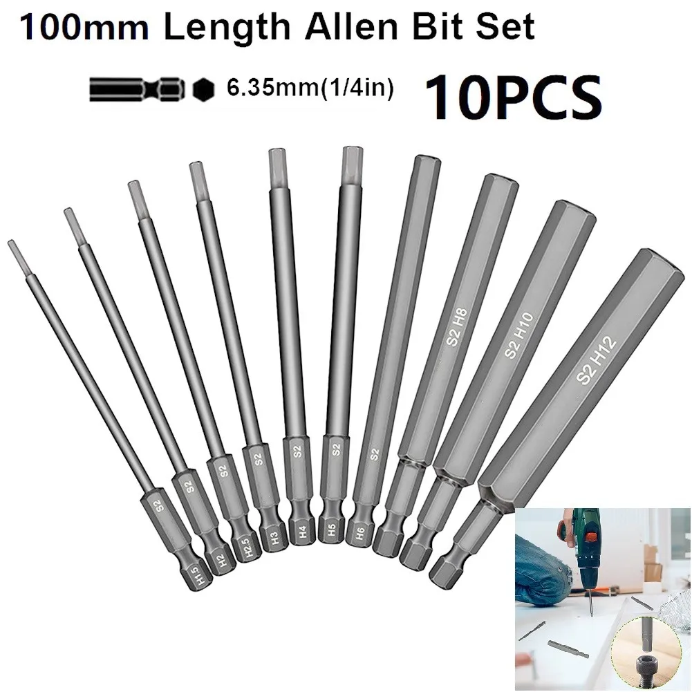10Pcs 1.5-12mm 1/4 Inch Hex Head Allen Wrench Screwdriver Drill Bit  Set Magnetic Tip 100mm S2 Steel  Metric Hex Key Screwdriver 2