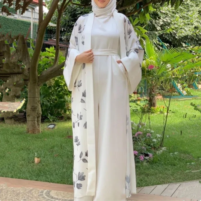 Ramadan Eid Abaya Kimono Matching Jumpsuit Muslim Sets Hijab Dress Turkey Linen Open Abayas for Women Dubai Arabic Kaftan Islam